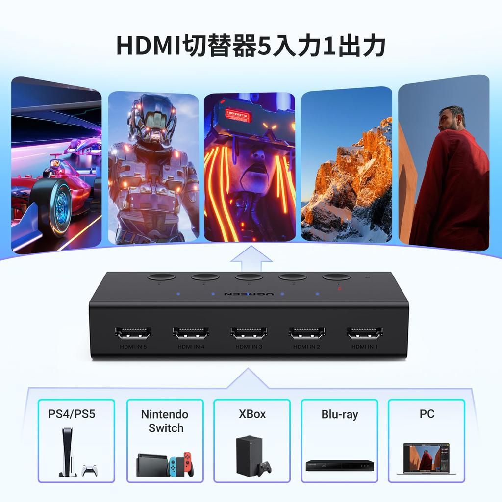 UGREEN HDMI Switcher [5 Inputs, 1 Output, 4K@60Hz] Selector HDCP 2.2/HDMI 2.0 Switcher Manual Switching PS3 PS4 PS5 Switch Compatible Black