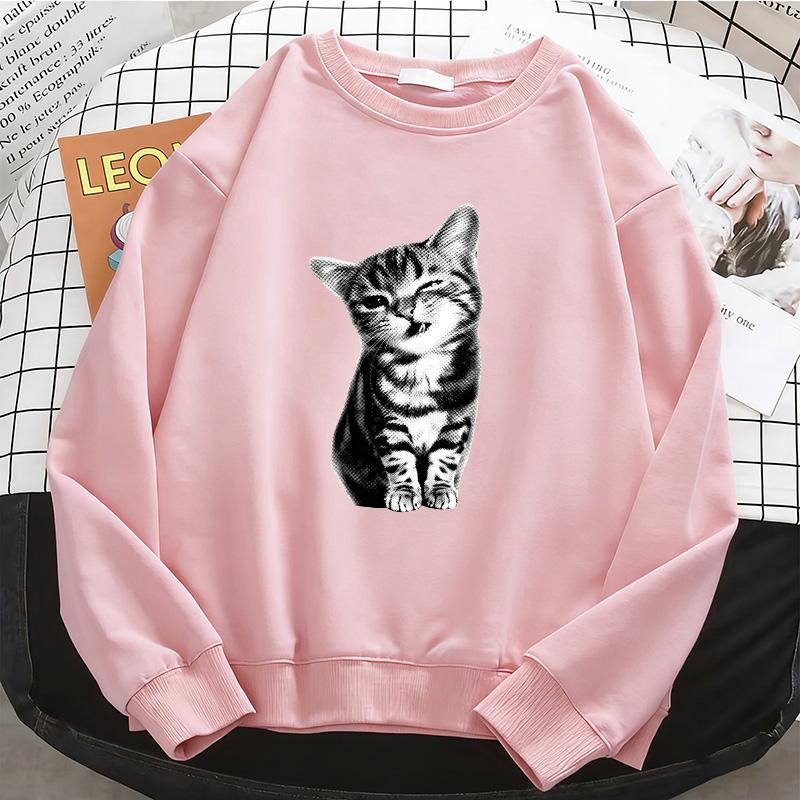 Fun Cat Diagram Print Pullovers Autumn Basics Sweatshirt Loose Street Women Clothing Fashion Oversize Long Sleeved Crew Neck Pullover
