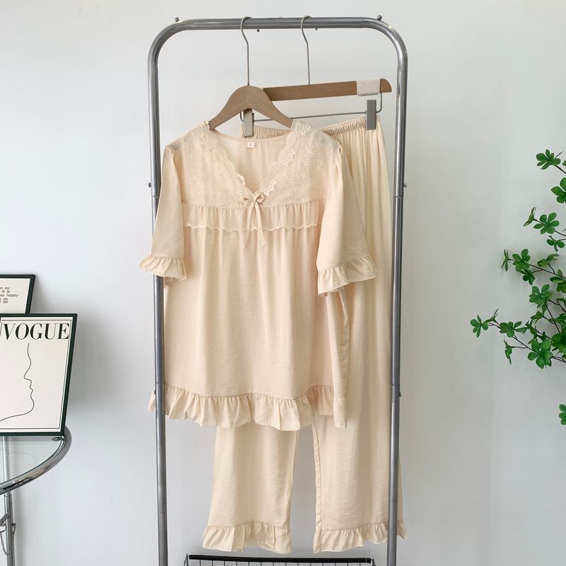 Spring and Summer New Arrival Silk Floss Pajamas V Neck Ruffled Short Sleeves Pants Two-piece Set Tencel Cotton Home Wear Palace Style K-style