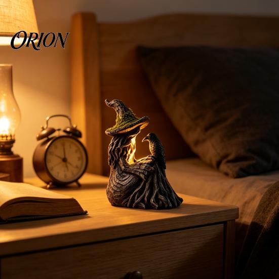 Unique Resin Craft Gifts Luminous Witch & Raven Figurine with Mossy Tree Texture, Gothic Durable Weather Resistant Ornament Statue LED Light