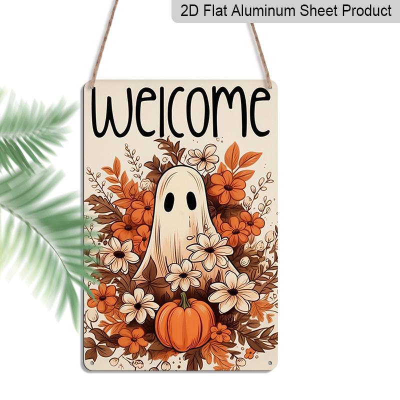 2D Flat Welcome Cute Ghost Floral Pumpkin Autumn Metal Sign - 8.0x12.0inch Aluminum Wall Art, Vintage Neutral Floral Halloween Front Porch Decor