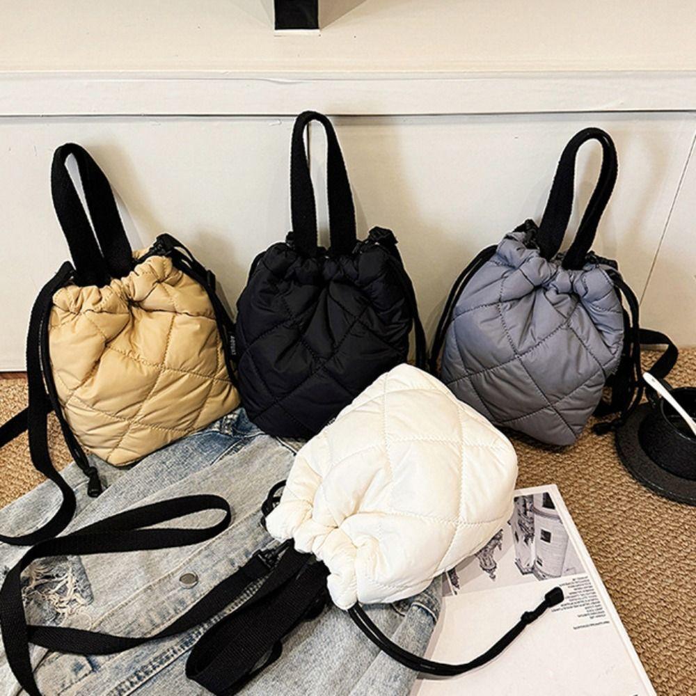 Solid Color Nylon Shoulder Bag Elegant Down Crossbody Bag Simple Drawstring Bucket Bag  Female