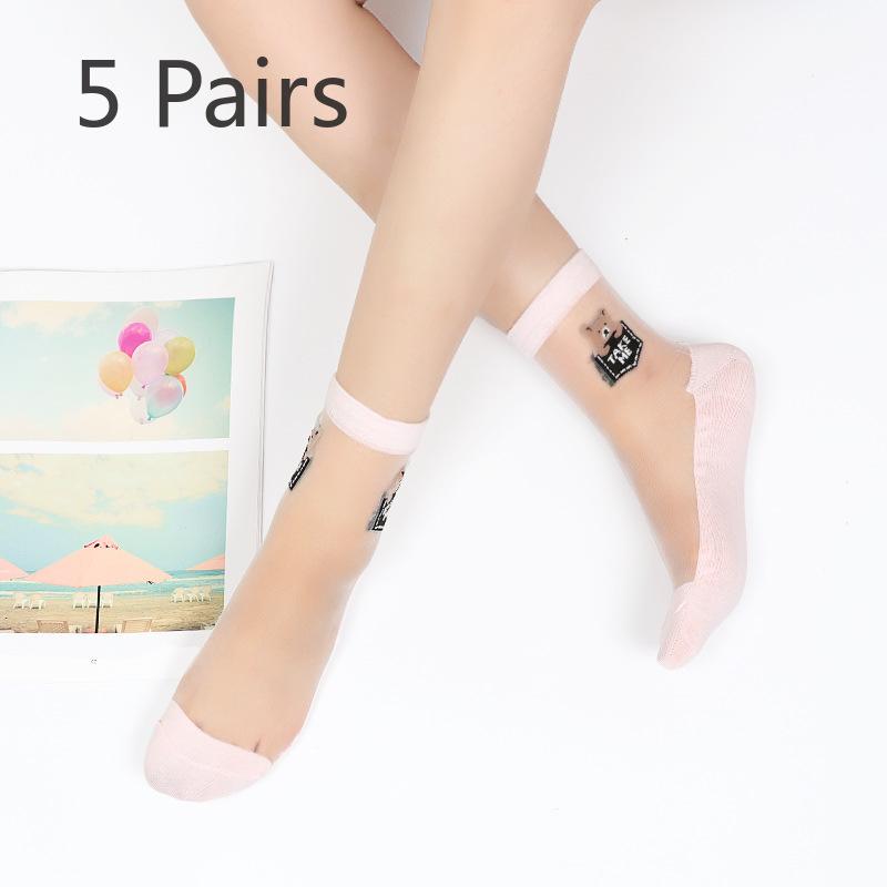 5 Pairs of Women's Summer Thin Cotton Bottom Non Slip Durable Crystal Silk Transparent Mid Tube Socks