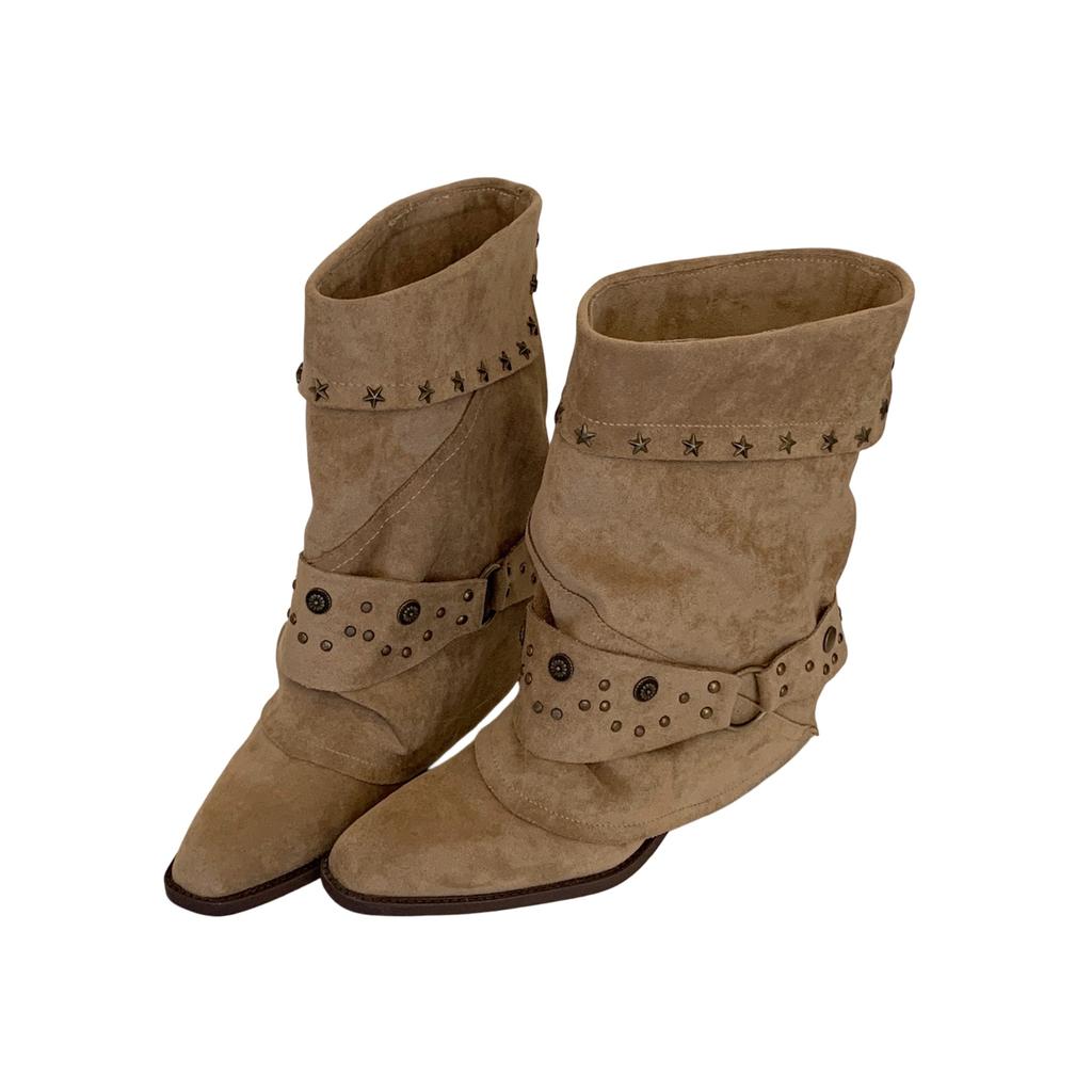 New western cowboy boots women's locomotive pile pointed retro thick heel short knight boots