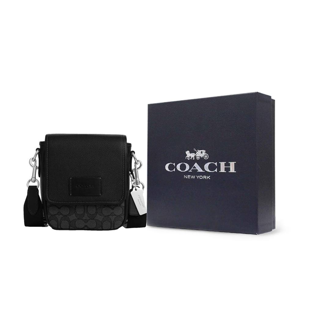 Coach Lucas 16 Classic Monogram Magnetic Closure Leather And Fabric Shoulder Crossbody Bag Small Men bags Black CO915-SVO1U