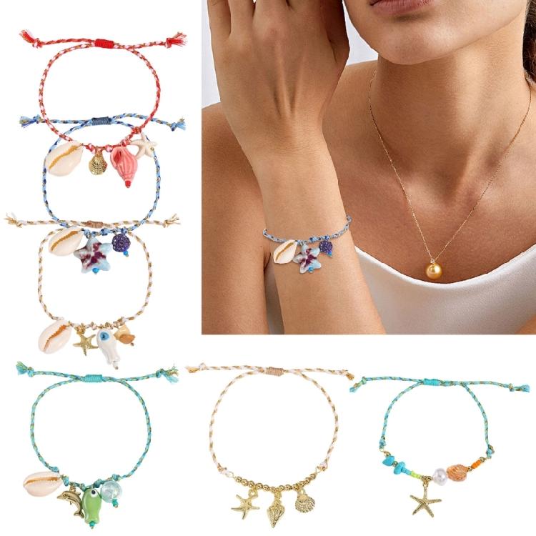 Keramik-Meerestier-Anhänger, geflochtenes Armband, verstellbares Seildesign mit Seestern- und Muschel-Charm, lässiger Schmuck
