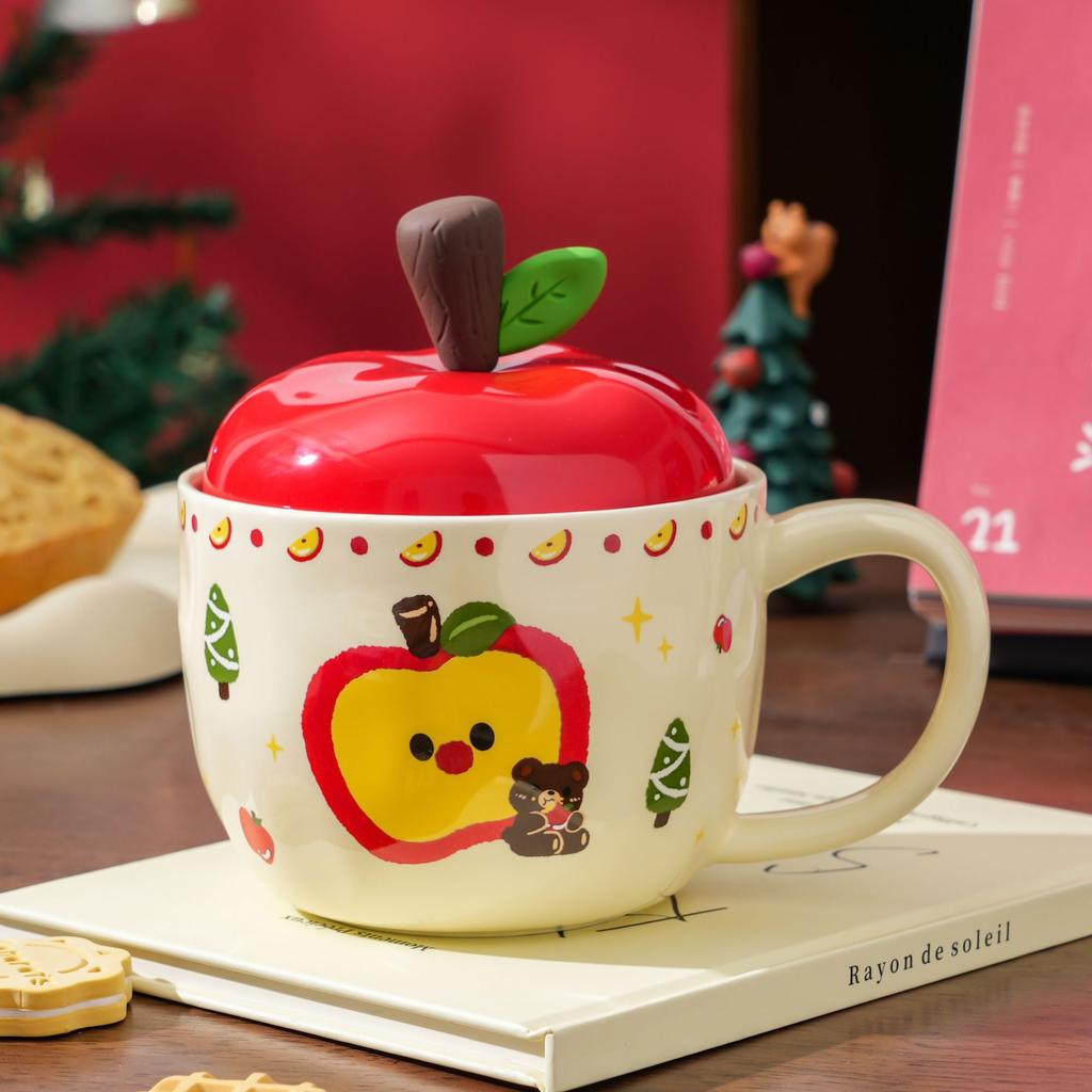 Högvärdig Apple-mugg med lock Mugg Jul Keramisk mugg Handritad tecknad söt Kaffekopp Souvenir