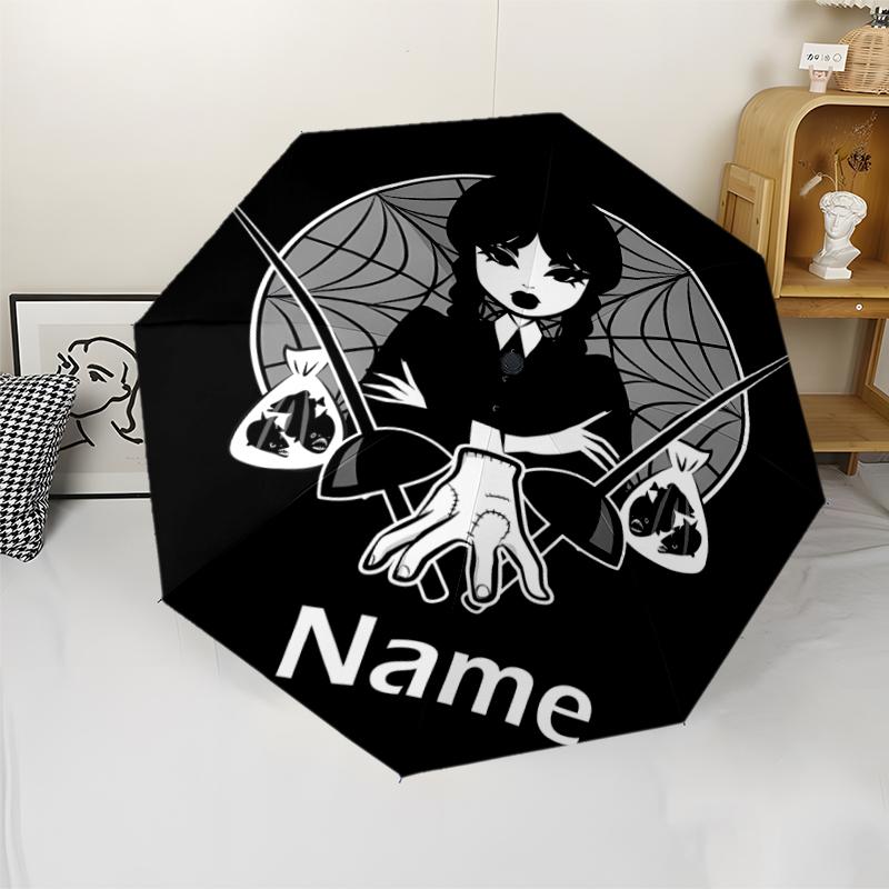 Custom Name Wednesday Theme Automatic Umbrella, Lightweight & Portable, 8 Rib, Perfect for Outdoor Travel, Birthdays, Christmas, Gifts.