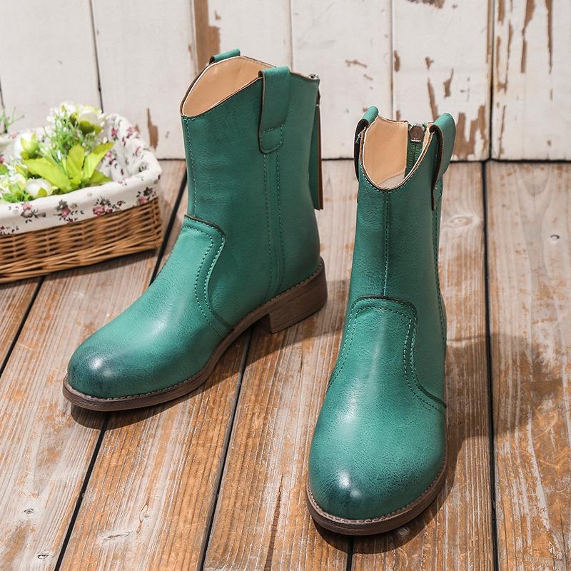 Herbst und Winter Große Größe Mittelhoher Absatz Grober Absatz Martin Stiefel Damen Quaste Niedriger Absatz Grober Absatz Ritterstiefel