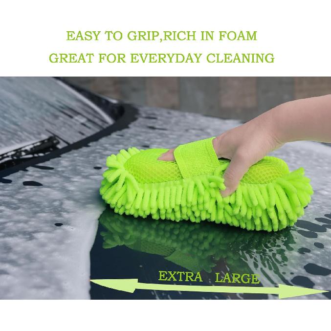 Microfiber Car Wash Sponge-Non-Scratch Wash Mitt-Two Sided Chenille Microfiber Washing Sponge-Mitt For Cars, Trucks, SUVs, Boats(2 Pack Green)