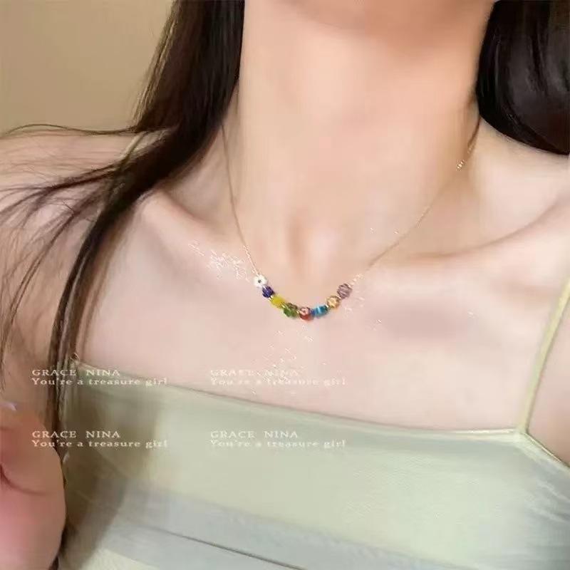 Dopamine Color Acrylic Rice Beads Apple Pendant Necklace Small Fresh Sweet Versatile Clavicle Chain Exquisite Necklace
