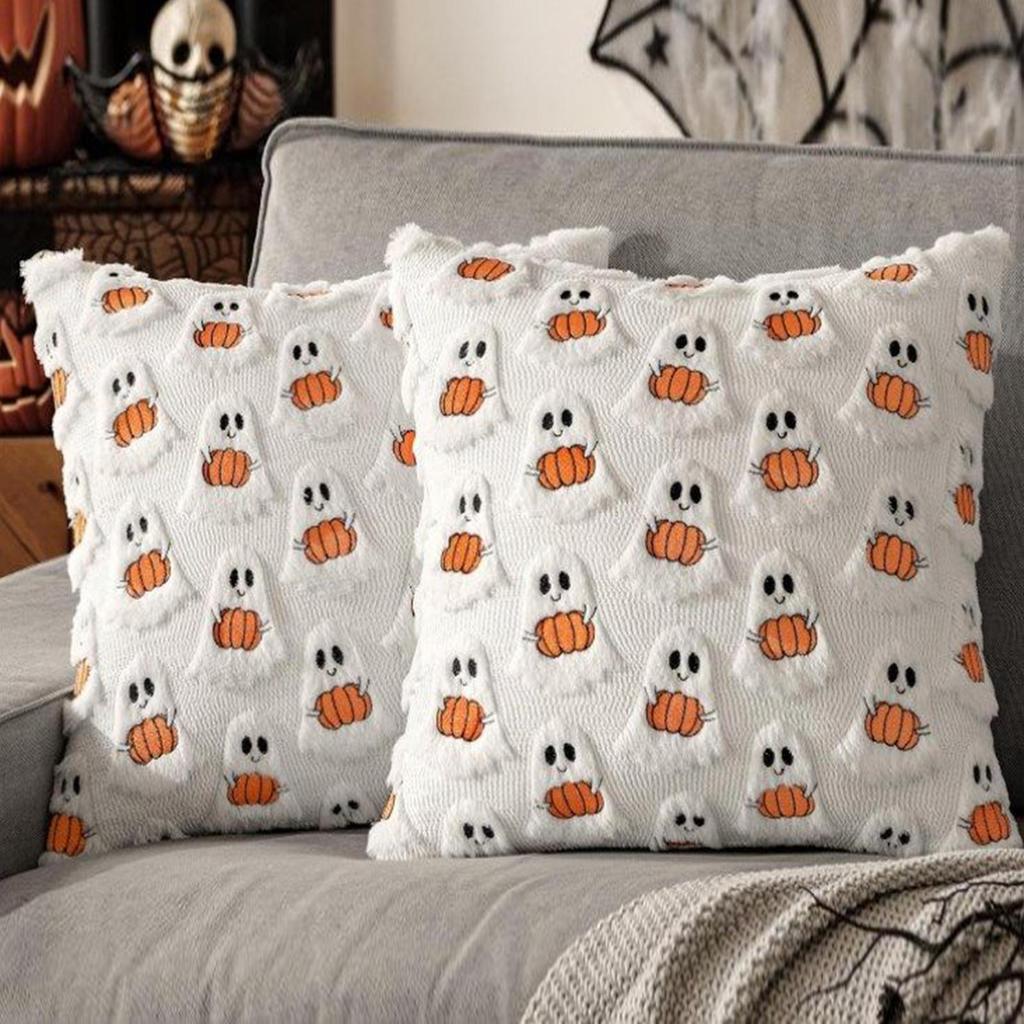 2Pcs Halloween Decoration Throw Pillow Cover Pumpkin Ghost Quilting Plush Autumn Thanksgiving Harvest Home Living Room Decor
