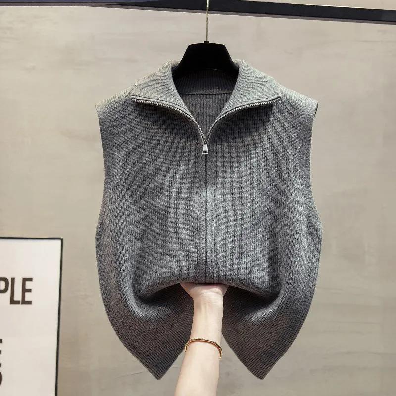 Women's Spring/Fall Turn-Down Collar Korean-Style Stand-Up Collar Double-Zip Knit Vest—Loose-Fitting, Casual, Layering Sweater