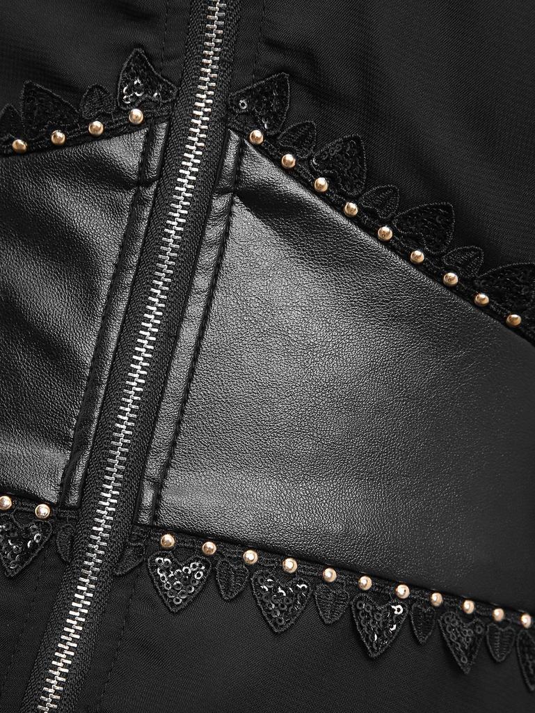 Rosegal Gothic Flare Rukávy Rozepínací límec Kříž Poloviční zip Krajka Trim Vrstvený PU panelový korzet Šifon Pevné šaty A Line
