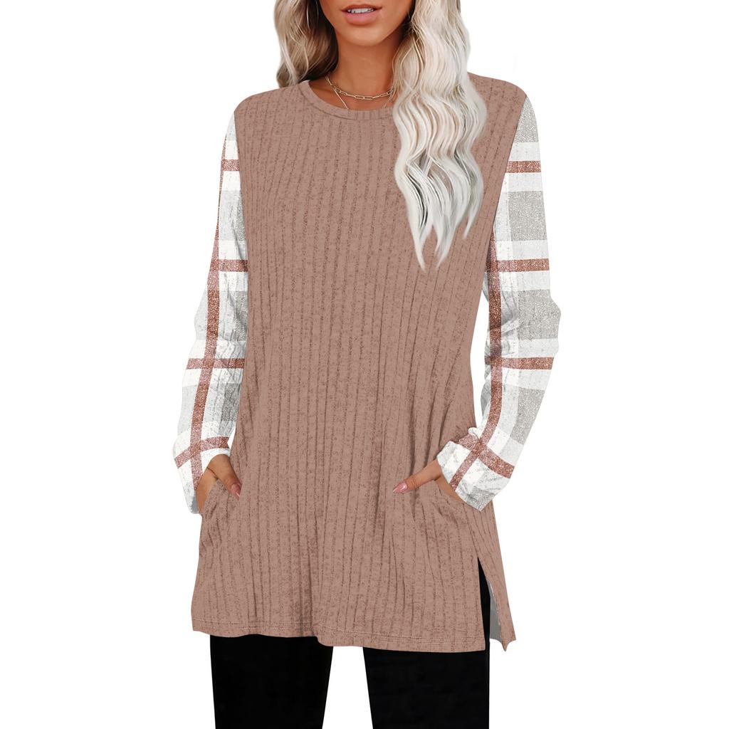 Women's Striped Printed Round-neck Long-sleeved Top With Pockets And Side Slits