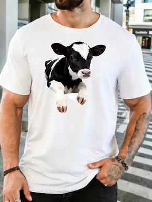 Cute Hole Breaking Holstein Calf Graphic Unisexs Cotton Crew Neck Tee Short Sleeve Loose Farm Casual Daily Street Male Top