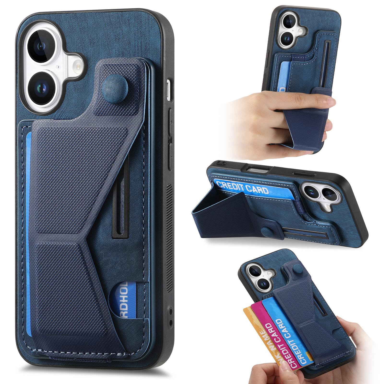 

For iPhone 16 Case Retro Leather Back Cover Card Slot Side Kickstand Blue