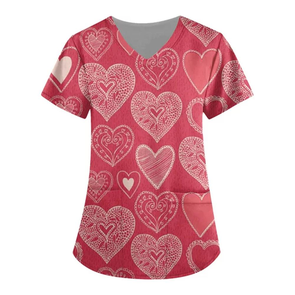 Women Valentines Day Ladies Nurse Uniform Love Print Gradient Short Sleeve Pocket Work Shirt Tunics Carer Medical Nursing Blouse