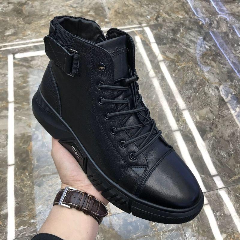 Men's Pure Leather Martin High Top Boots with Side Zipper, Soft Sole, Fur-Lined, Plus Velvet Warm Snow Boots.