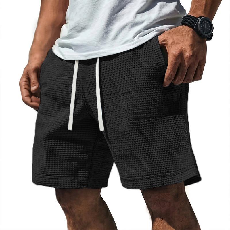Mens Solid Color Waffle Drawstring Pockets Casual Straight Summer Shorts