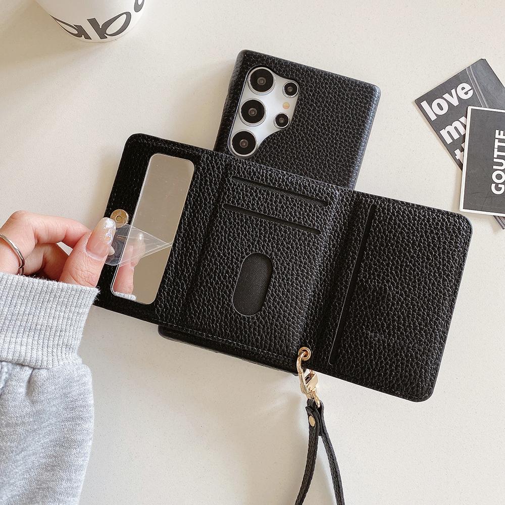 For Samsung Galaxy S25 Ultra Case Mirror Design PU Leather Back Cover with Card Slots,Wrist Strap