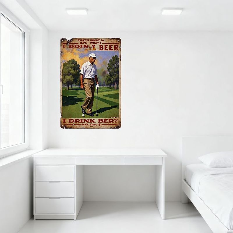 Vintage Metal Tin Sign Golfer Drinking Beer Sunset Golf Course Wall Decor Rustic Aged Retro Art for Bar Man Cave Home Restaurant