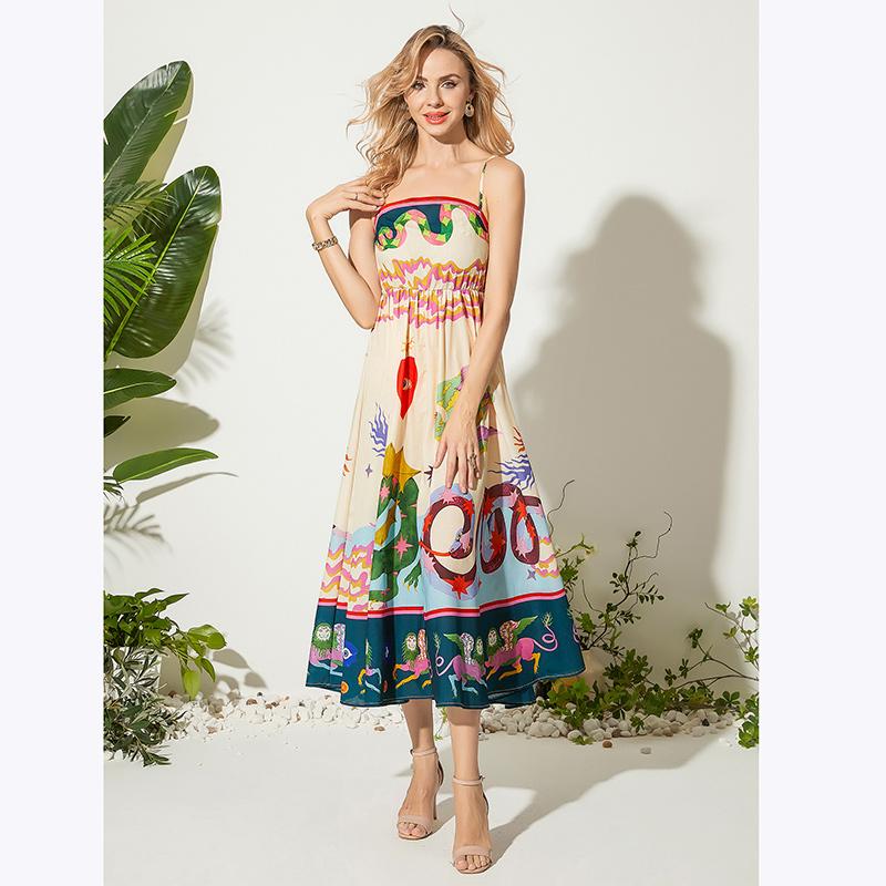 Sommer Damen Vintage Print Laufsteg Sonnenkleider Spaghetti Träger Lang Maxi Urlaub Strandkleid