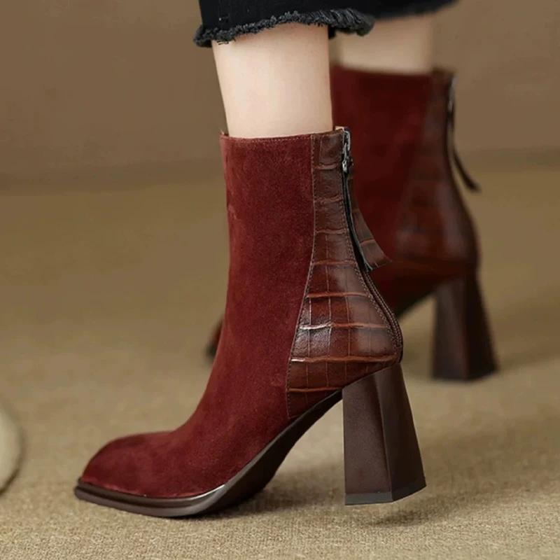 Women Suede Square Toe Ankle Boots Elegant High Heels Shoes Woman 2025 Trend Winter Dress New Pumps Motorcycle Boots Mujer Botas