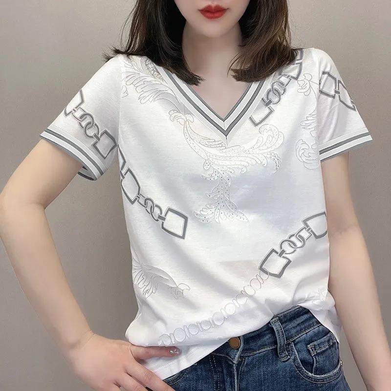

Summer New Style Pure Cotton Short-sleeved Personalized Fashionable Printed Embroidered Loose and Versatile Tops for Women 3XL білий