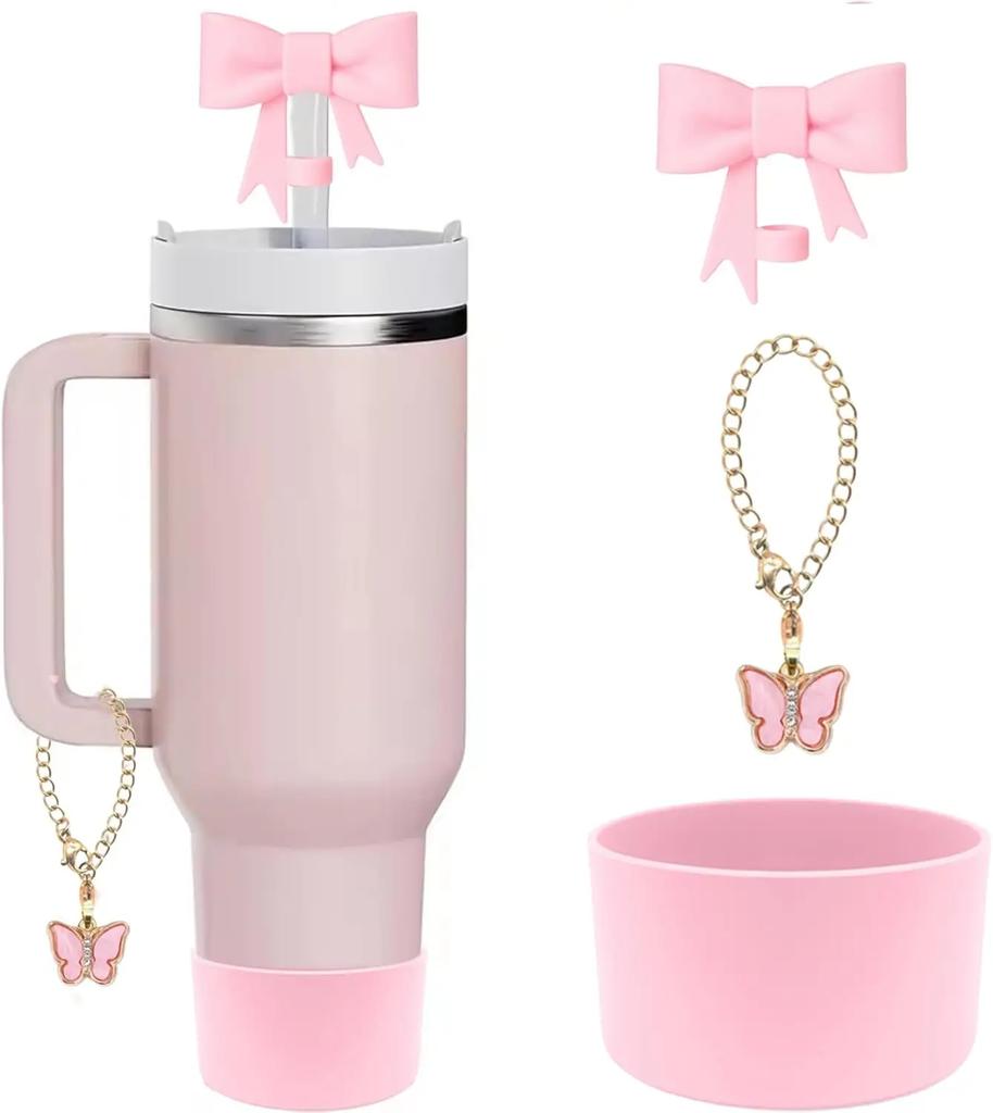 Bow Straw Cover for Stanley Cup Silicone Topper Pink Butterfly Chain Silicone Boot Pink Cup Accessories Set for 30/40 OZ Tumbler