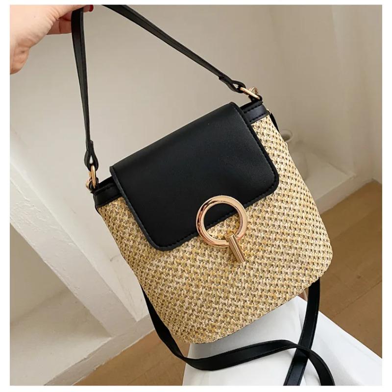 Summer Patchwork Design Women Straw Shoulder Bags Casual Versatile Ladies Beach Crossbody Bag Simple Female Lock Bucket Handbag чёрный
