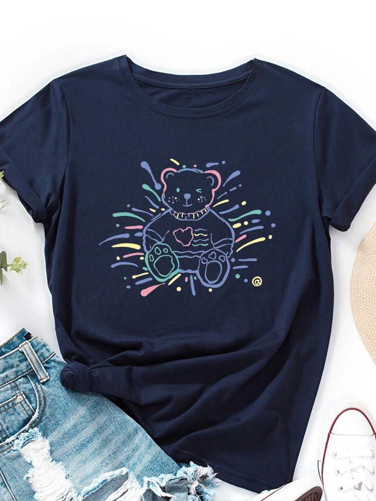 Colorful Fireworks Bear Print T Shirt Women Short Sleeve O Neck Loose Tshirt Summer Women Tee Shirt Tops Camisetas Mujer