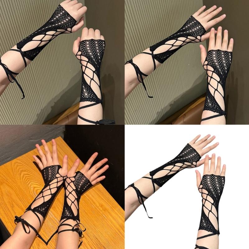 1pair Adjustable Long Arm Sleeves Women Hiphop Handsome Lace Wrist Covers for Cycling Running Hiking