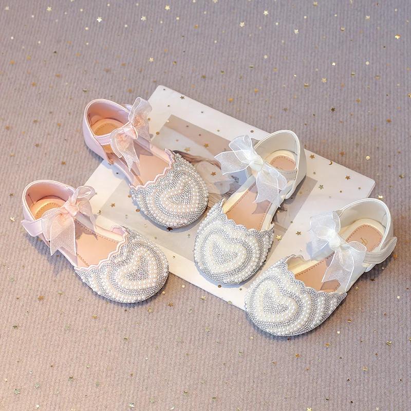 Girls Half Sandals Kids Princess Flat Shoes with Lace Ribbon 2025 Spring Summer Bow-knot Pearl Heart Shape Rhinestone Sweet Chic
