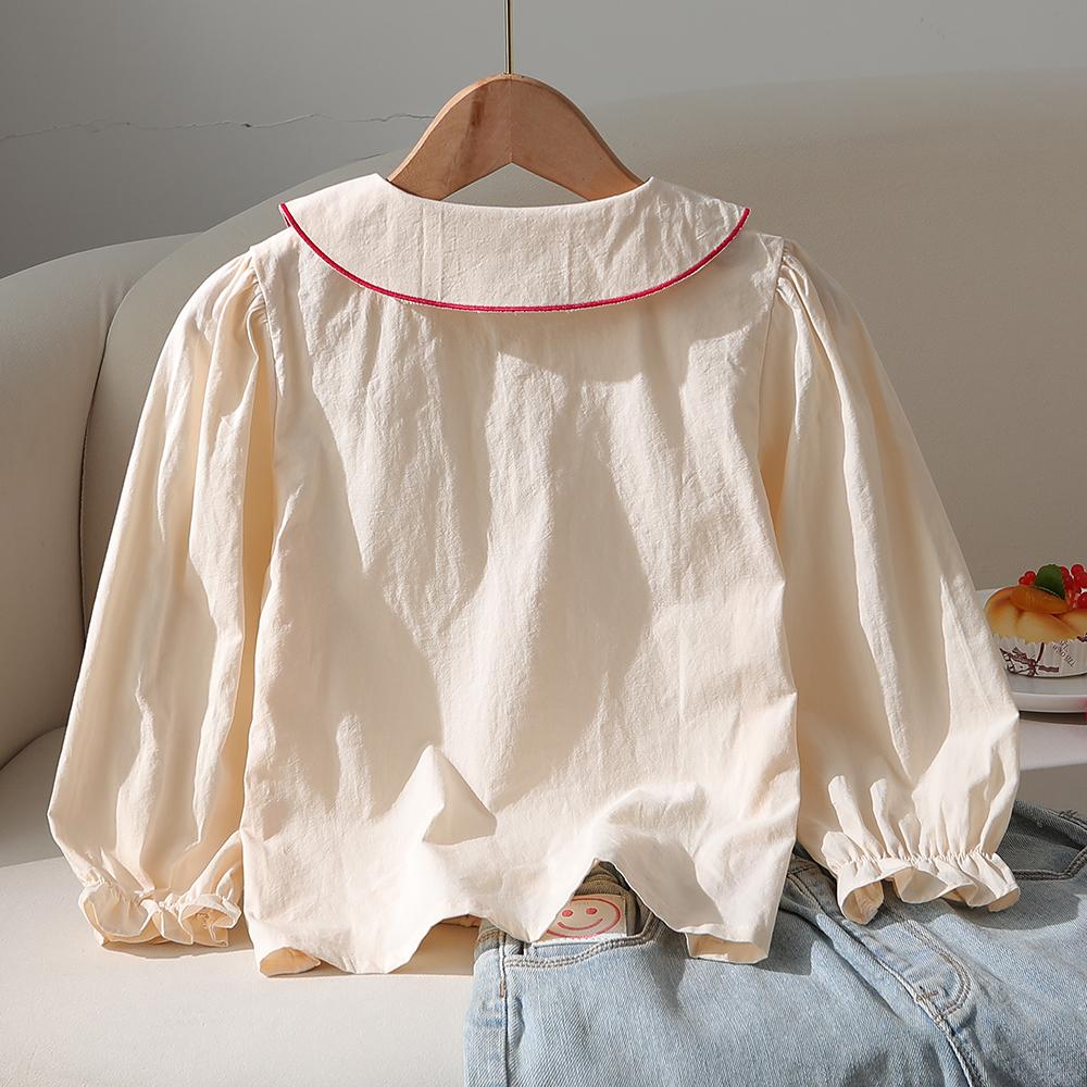 Girls Casual Shirt 100% Cotton Blouse Strawberry Embroidered Collar Long Sleeves Button Front 2-6 Years Kids Fashion Clothing