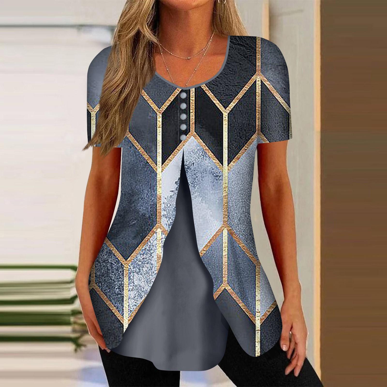 

Shirts For Women Short Sleeve Tops Dressy Summer Casual Printed V-neck Irregular Hem Blouses Tees XXL тёмно-синий