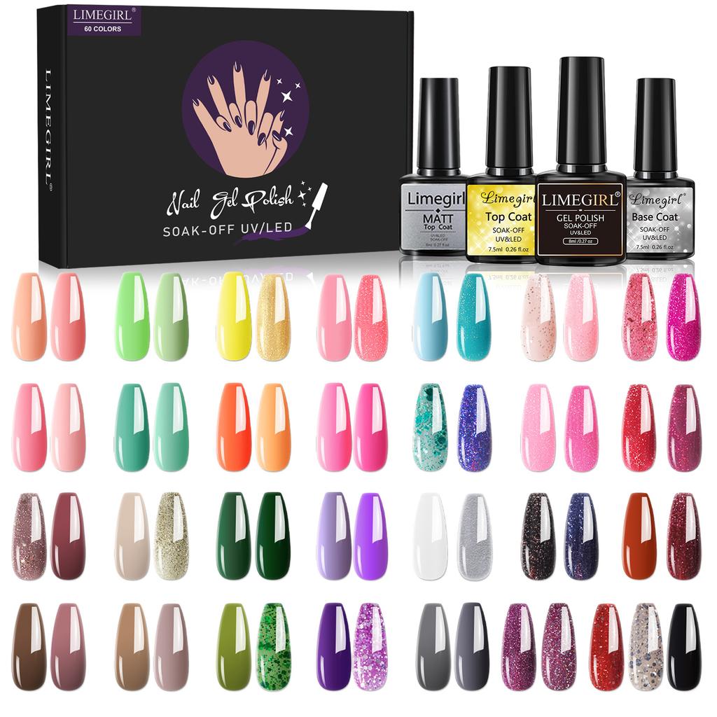 8ml Nail Gel Polish Kit 60pcs Full Set Box Glossy Long-lasting UV Gel Base Top Coat