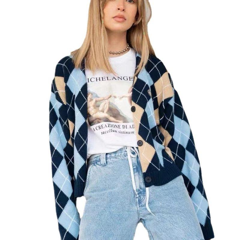 CC Song Yan's Same Style Retro Diamond Stylish Idle Style Cardigan Long Sleeves Sweater Casual Outwear Female