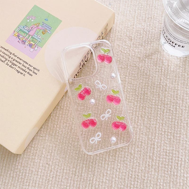 Small Fresh Style Cherry Phone Case For Iphone17Promax Pearl Bow Tie Apple 14 Transparent 16 iPhone 7/8/SE 2020
