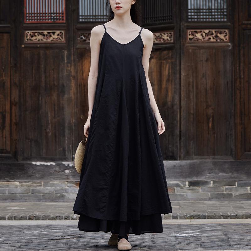 2025 Summer Dark Silent Willow Patchwork Camisole Dress with Large Hem
