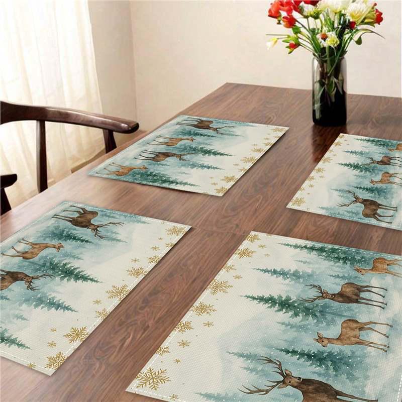 New Christmas Faux Linen Heat-Resistant Table Placemats - Rectangular Festive Dining Decor.
