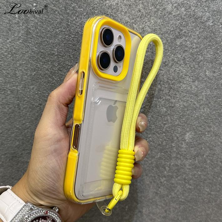 Card Holder Bag Wrist Strap Transparent Case for iPhone 16 15 14 17 Pro Max Plus 17 Air 11 12 13 Wallet Lanyard Candy Cover