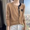 Women's Cashmere Cardigan - Round Neck, Sweetheart Embroidery, Color Block, Loose Fit Wool Top