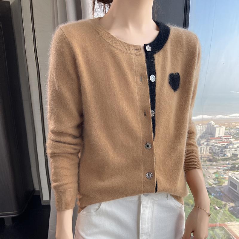 Women's Cashmere Cardigan - Round Neck, Sweetheart Embroidery, Color Block, Loose Fit Wool Top