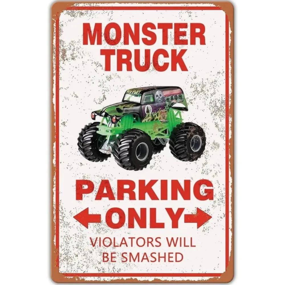 TruckNostalgiaCo Značka Parkoviště Monster Trucků - Retro Nástěnná Dekorace, Víceúčelový Doplněk do Klučičích Pokojů