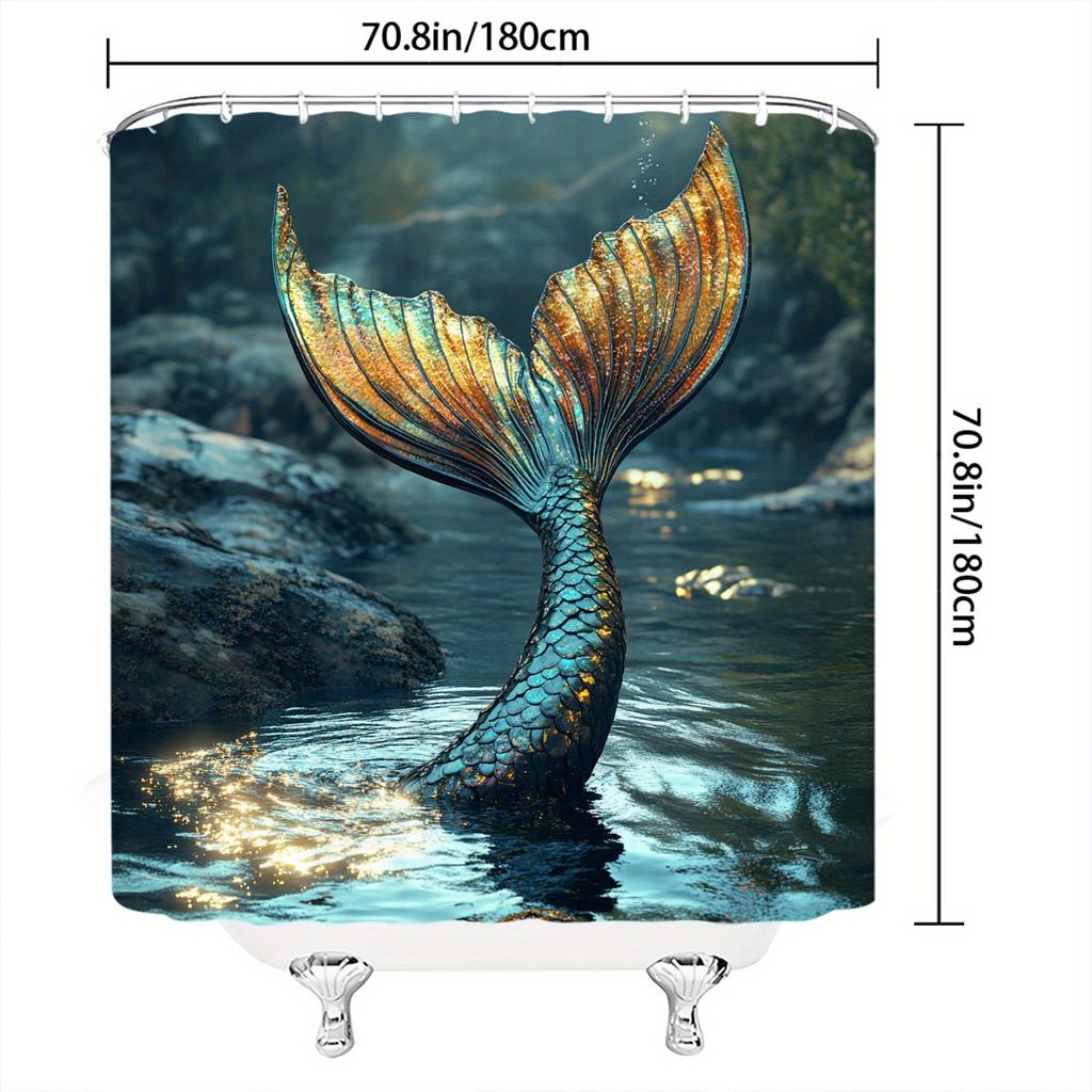 Enchanting Mermaid Tail Shower Curtain - Iridescent Scales, Magical Water Effects, Mystical Polyester,Serene Rocky Stream Design