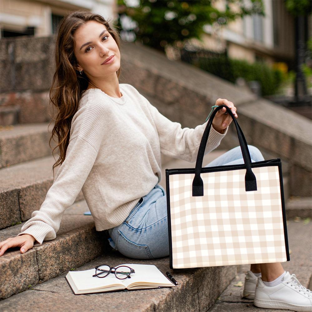 Beige Check Tote Bag Casual Large Capacity Daily Use Handbag