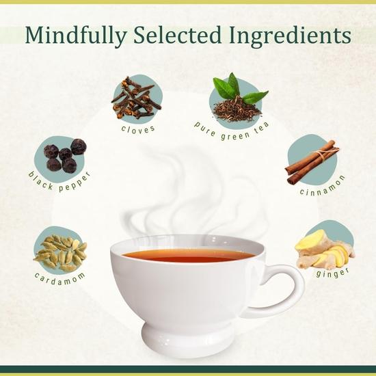 Tea And Twigs | Spiced Green Tea- 15 Pyramid Tea Bags (30 Grams) | 100% Pure Spices - Cinnamon, Cardamom, Clove, Black Pepper, Ginger and Green Tea