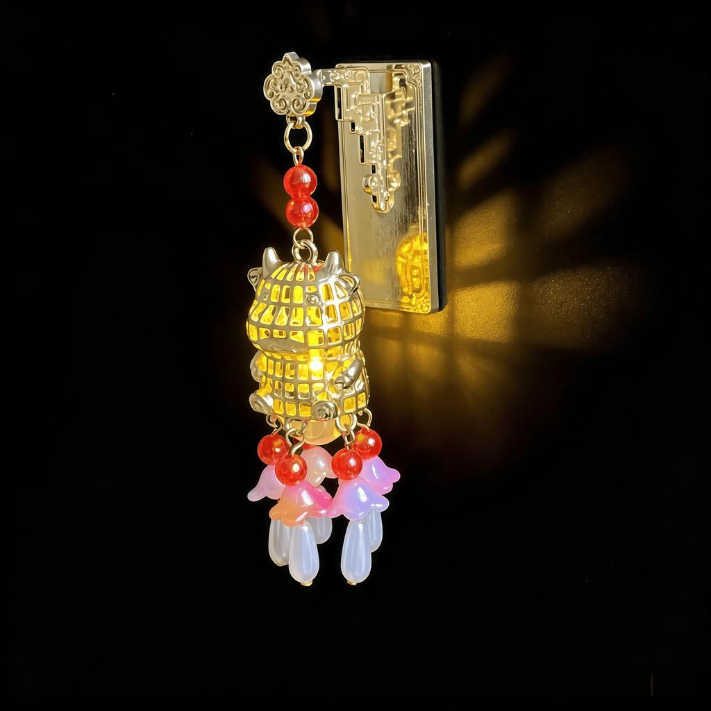 Ancient Style Luminous Lantern Refrigerator Magnet with Pavilion Tassel and Pearl Ornament