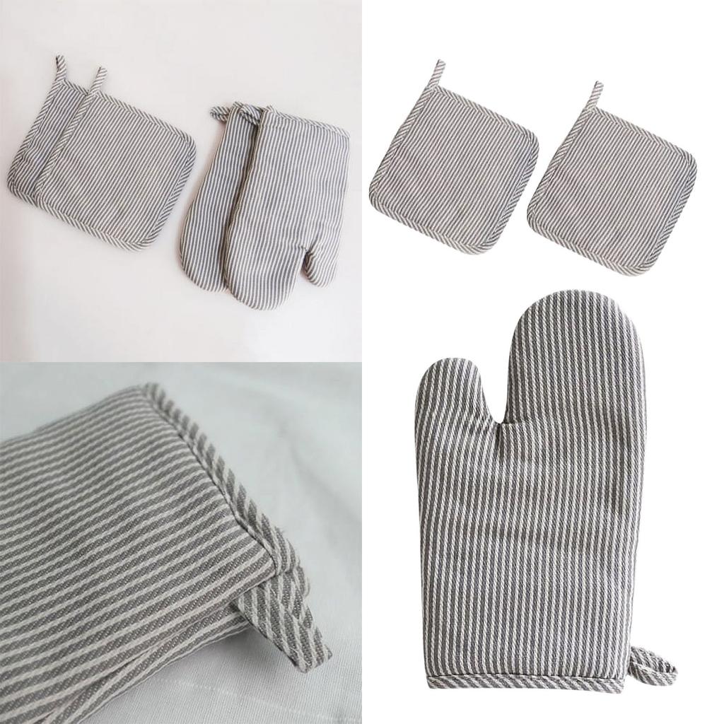 Oven Gloves And Insulation Mat Set Striped Style High-Temperature Resistant Cotton And Linen Kitchen Baking Gadgets